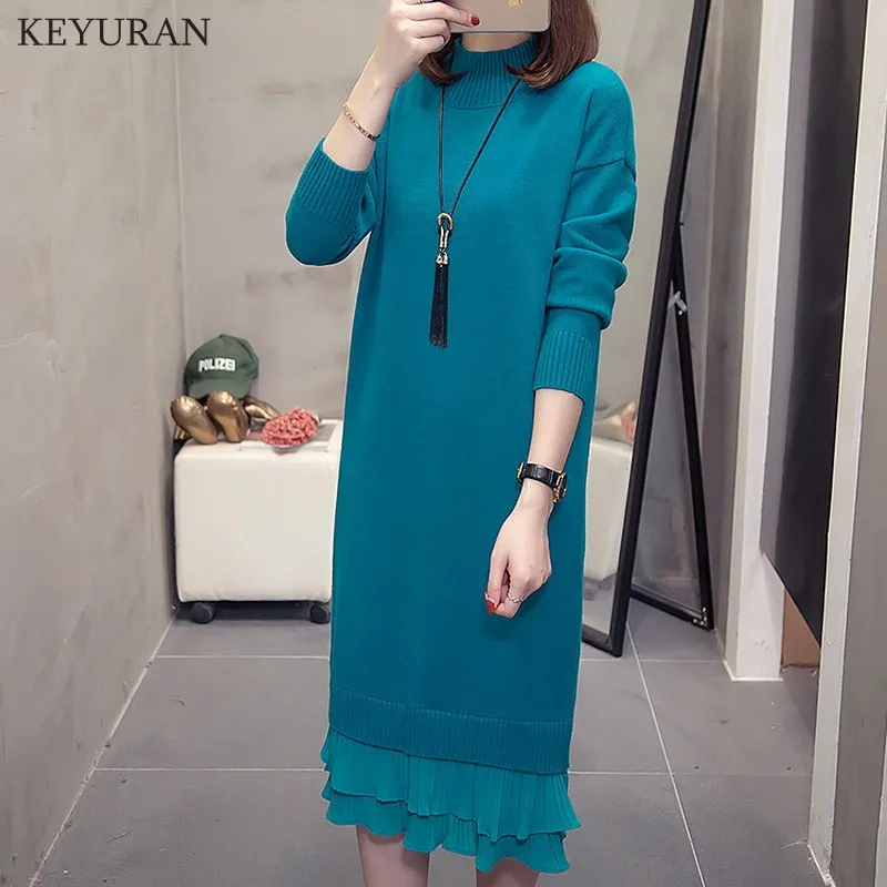 Plus Size Women Turtleneck Knitted Dress New Autumn Winter Loose Patchwork Long Sweater Dresses Female Solid Pullover Vestidos | Женская