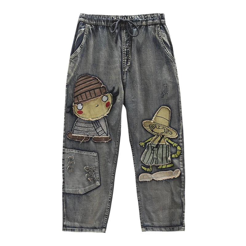 Женские хлопковые джинсы с эластичной талией лоскутные шаровары в стиле ретро