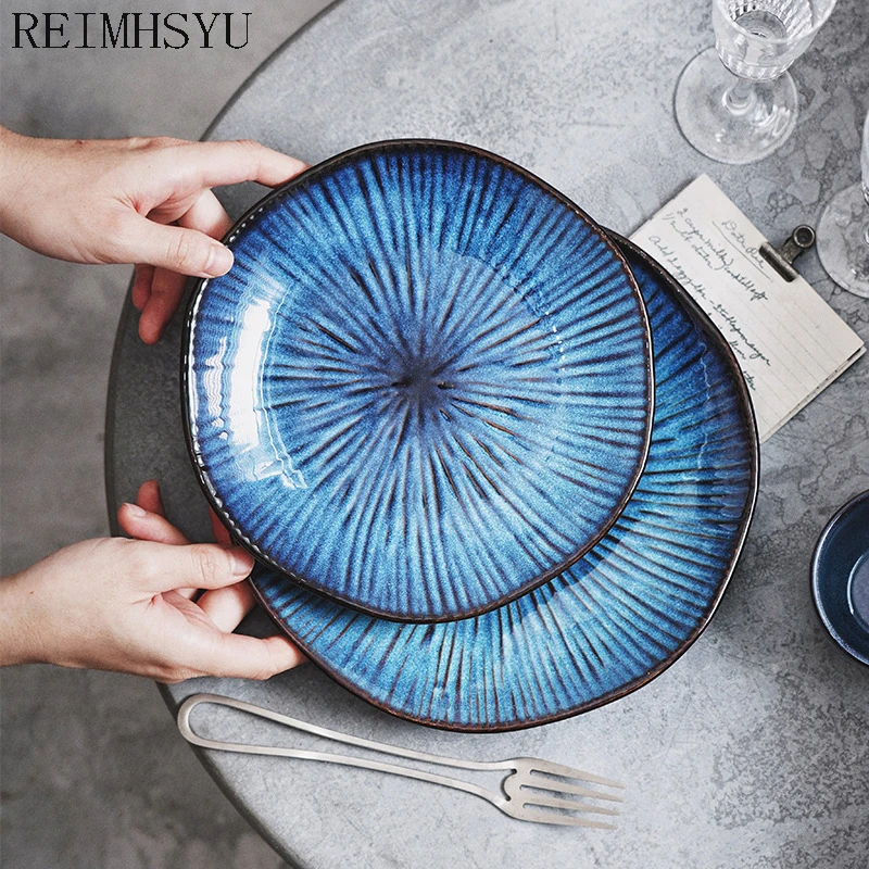 

1PC RELMHSYU Japanese Style Kiln Change Ceramic Blue Western Steak Pasta Flat Dinner Plate Dish Restaurant Tableware