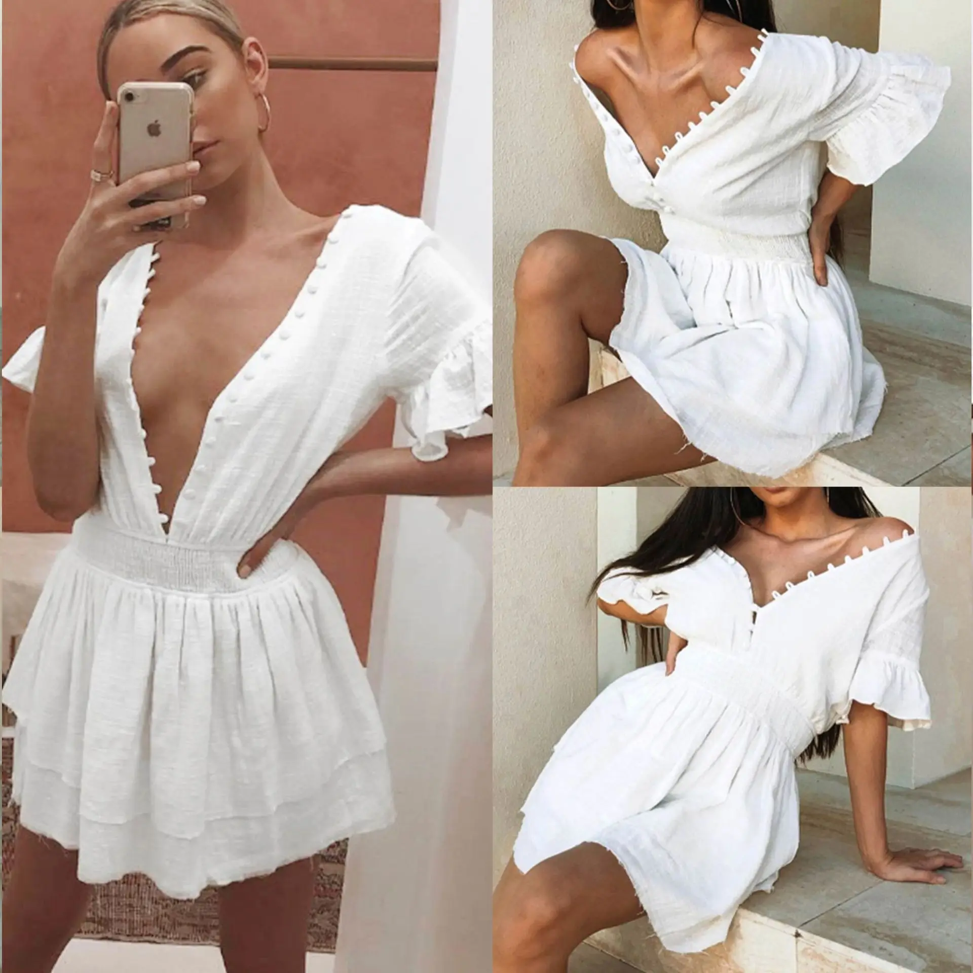 2019 сексуальное Белое платье женское с завышенной талией одноцветное глубоким