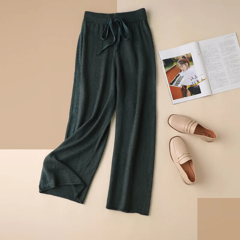 

Straight Knitted Wool Mohair Blend Wide Leg Pant Women's Autumn and Winter High Waist Loose Knitted Trousers Solid Elastic Waist