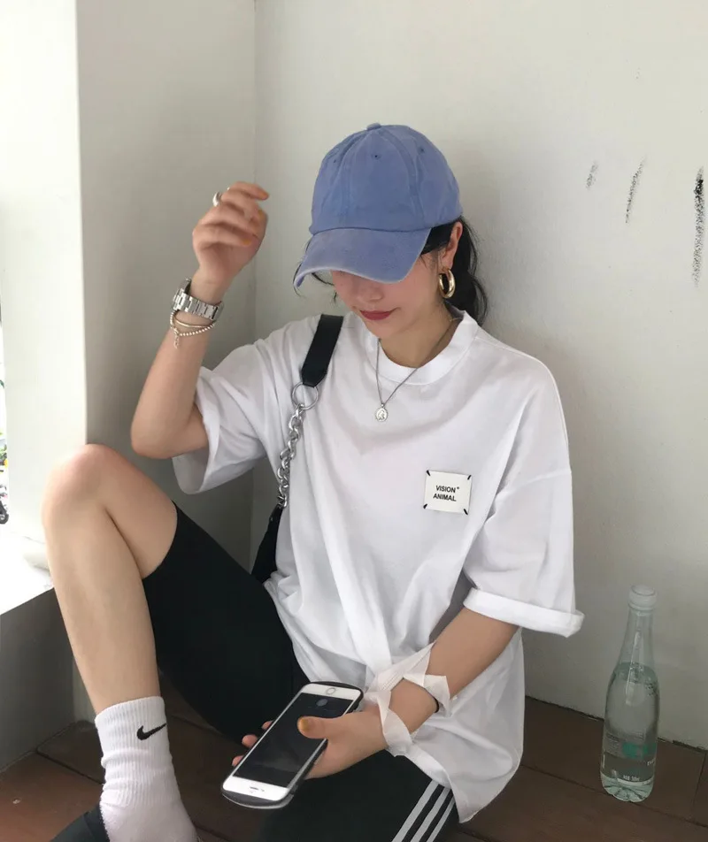 

100% Cotton T-shirts Women Summer Letter Stickers Short Sleeve Tees Female Shirts Streetwear O-Neck Korean Long / Short Tops