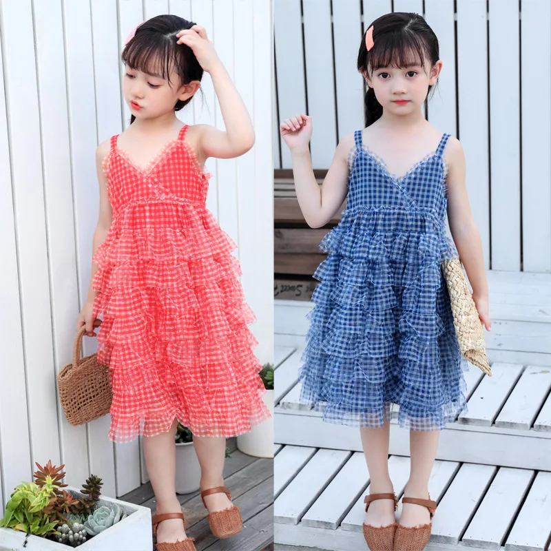 

Baby Girls Summer Dress Children Red Sleeveless Plaid Cake Princess Dresses Party Ball Strape Dress Toddler Kids Outfit Clothing
