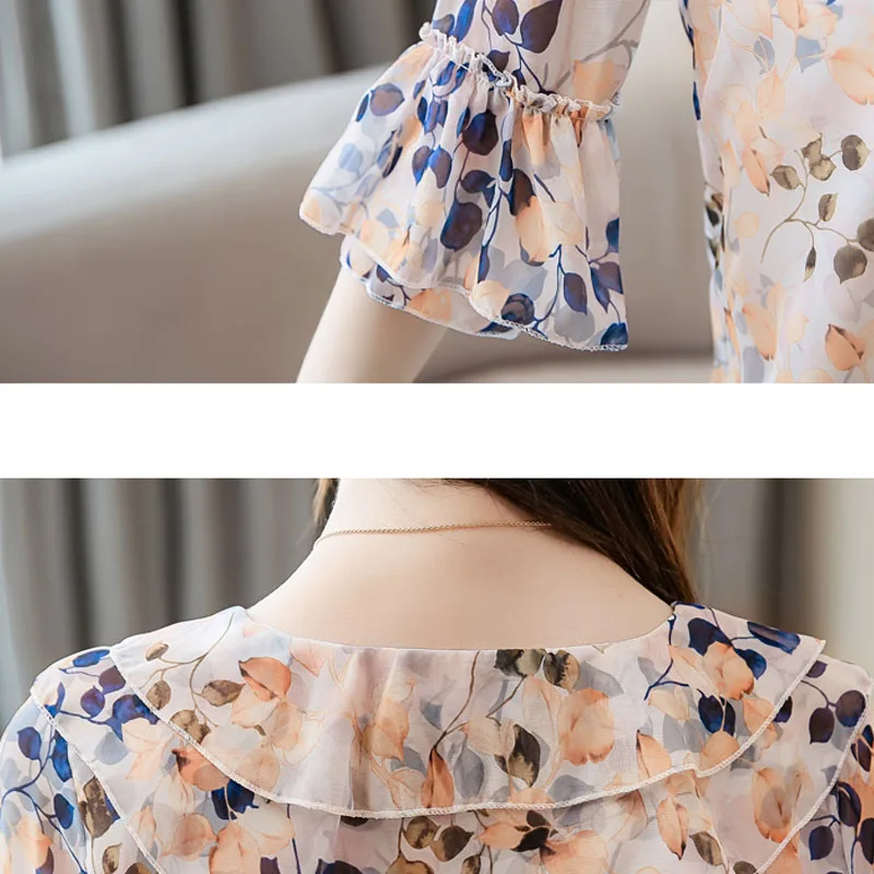 Модные женские топы и блузки 2020 шифоновая блузка с цветочным принтом оборками