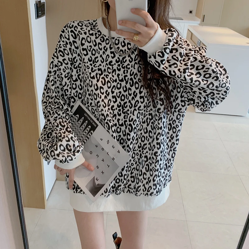 

Leopard Round Neck Hoodies Women Korean Version Spring and Autumn Thin Section Loose Lazy Style New 2021 Long Sleeve Sweatshirt