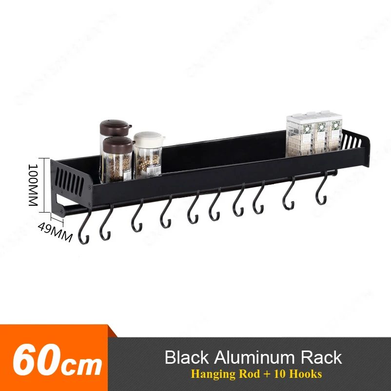 B-60cm Rack-Rod Многофункциональный кухонный держатель настенная кухонная стойка для Хранения Алюминиевая приправа банка Кастер Полка золотой черный кухонные аксессуары - Цвет: B-60cm Rack-Rod