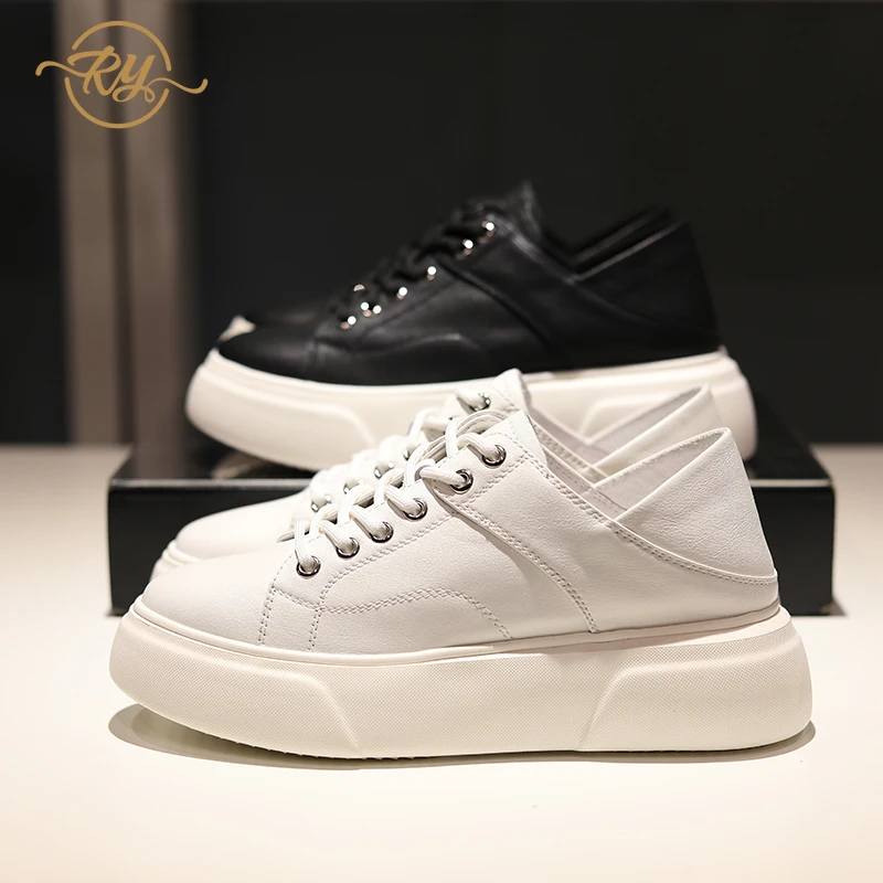 Женские кроссовки на танкетке модные белые из натуральной кожи платформе для повседневной носки 2020|Женские