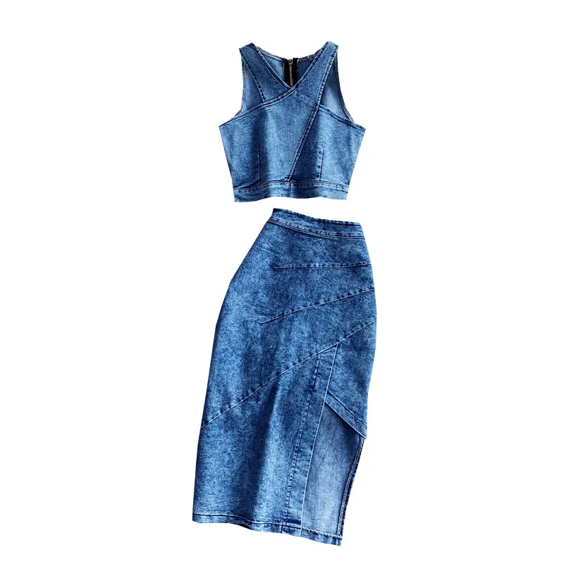 

2021 Summer Women Sexy Two Pieces Set Sleeveless Vintage Denim Cropped Tank Tops+Midi Irregular Split Bag Hip Skirt Jeans Sets