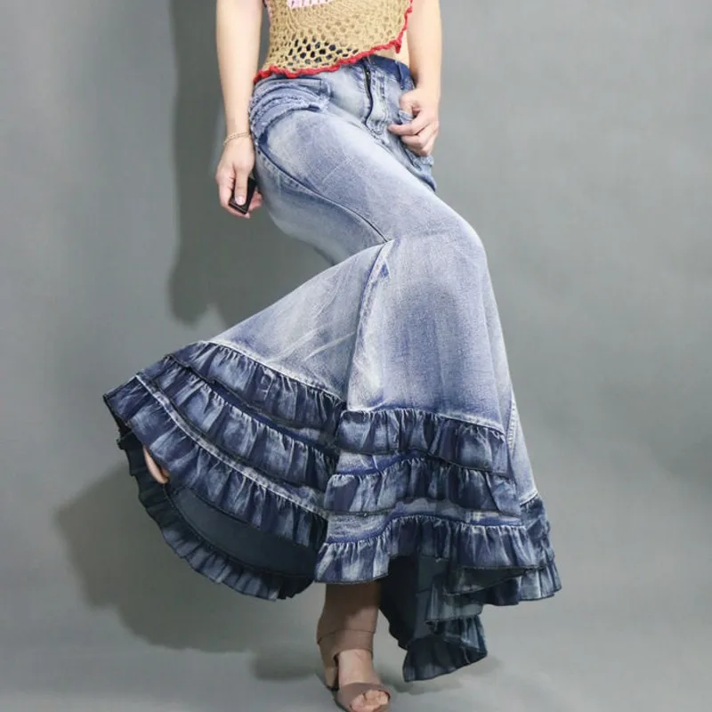 Женская винтажная джинсовая юбка длинная облегающая макси в стиле пэчворк с