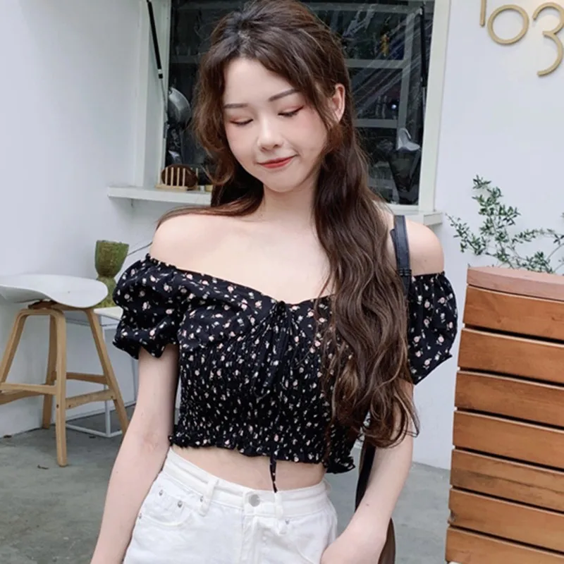 

Summer Sweet Exposed Navel Short Shirt Women Fashion Print V N eck Chiffon Blouse Tops Summer New