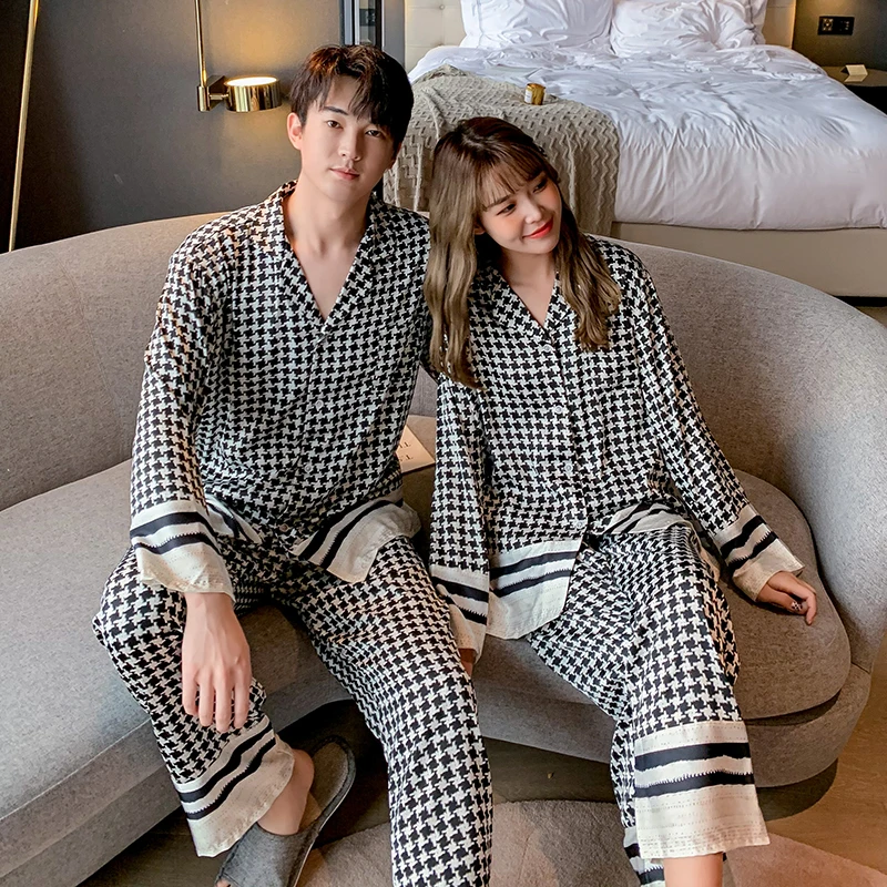 

Satin Silk Houndstooth Women Pajamas Set Fashion Female Man Couple Sleepwear Home Clothes Casual Pants Nightwear Pyjama Suits