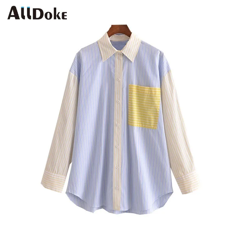 

Alldoke Women Stripe Patchwork Casual Shirts Women Turn-down Collar Long Sleeve Pockets Shirt Ladies Vintage Oversized Blouses