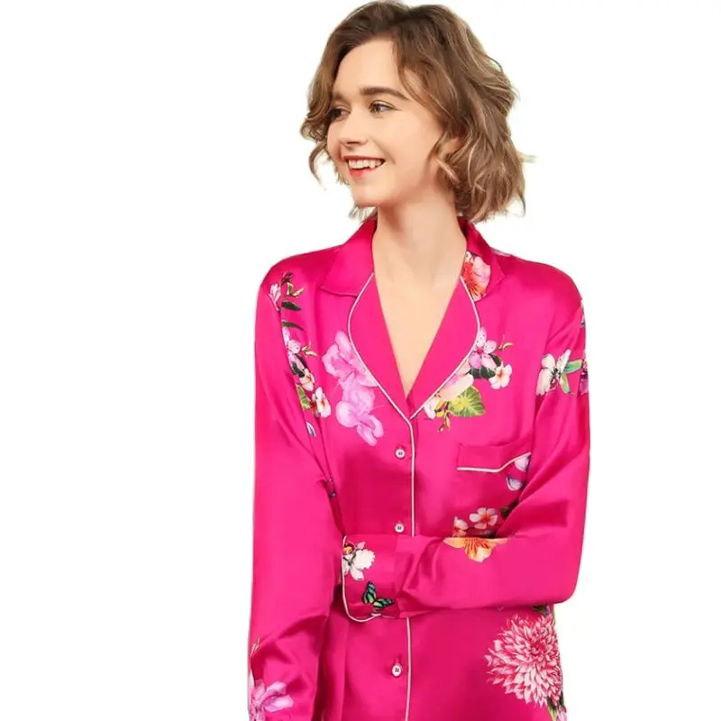 Real Silk Pajama Female Spring Autumn Silkworm Silk Long-Sleeve Sleepwear Woman Rich Red Two-Piece Pyjama Sets T8182