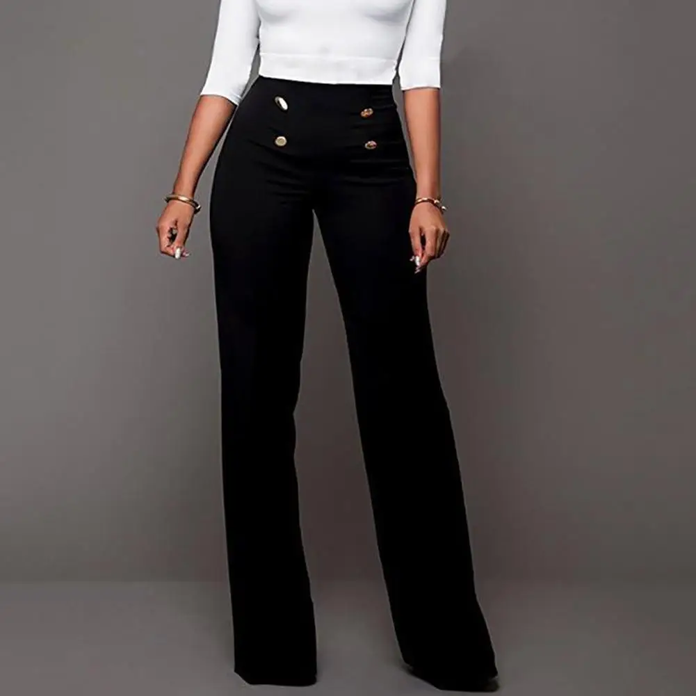 

Women Solid Color Wide Leg Pants High Waist Flared Trousers Slim Loose Slacks