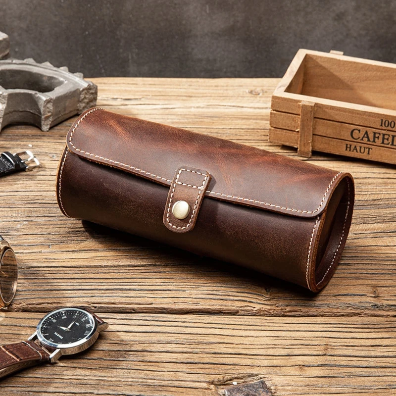 

Travel Watch Case Roll Organizer Vintage Exquisite Round Shape Leather Storage Bag Unique Gifts for Father Husband Lover