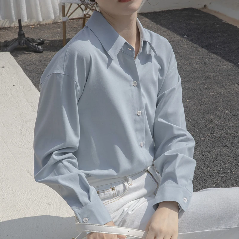 

QOERLIN Big Size Elegant Blouses OL Office Ladies Blouses Apricot Office Look Ladies Oversize Shirt Tops Long Sleeves Blue Blusa