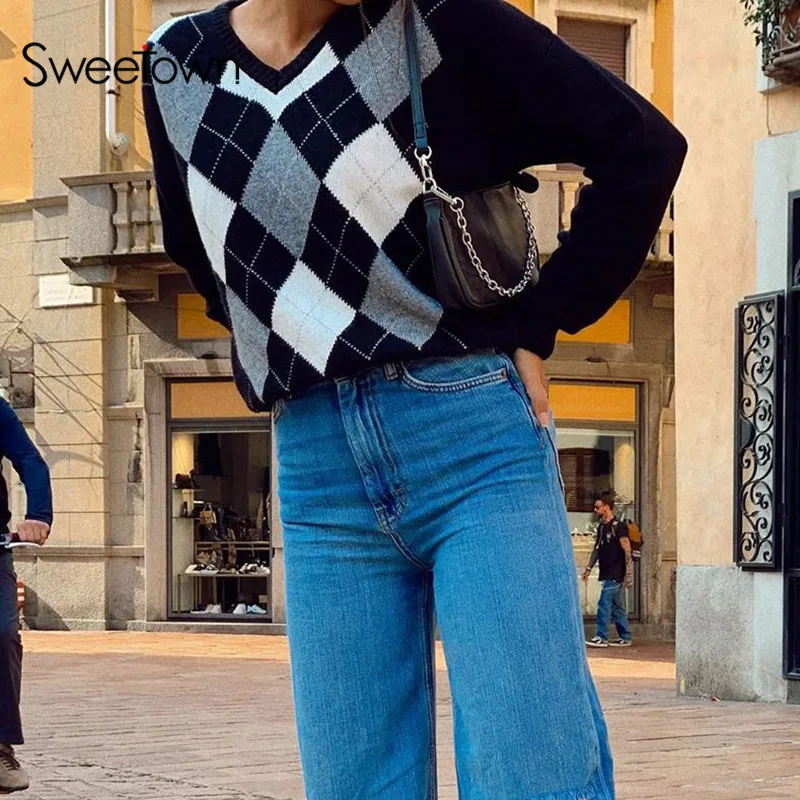 

Sweetown Argyle Plaid Jumpers Women Preppy Style Korean 90s Knitwear V Neck Long Sleeve Knitted Autumn Winter Sweaters