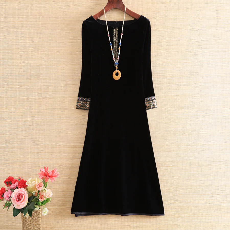 

Embro Mill new autumn women velvet Sequin loose dress style Retro O-neck elegant lady blue/red plus size party dress M-4XL