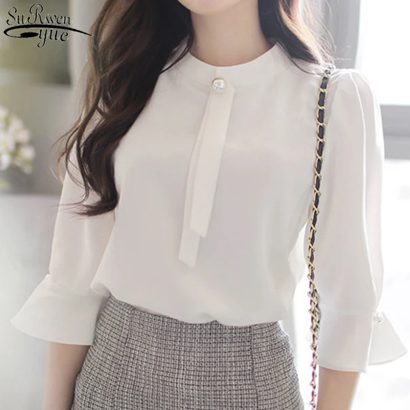 

Summer 2021 Chiffon Shirts White Blouse Office Lady Solid Beaded Half Flare Sleeve OL Style Loose O-neck Blusas Women Tops 10167
