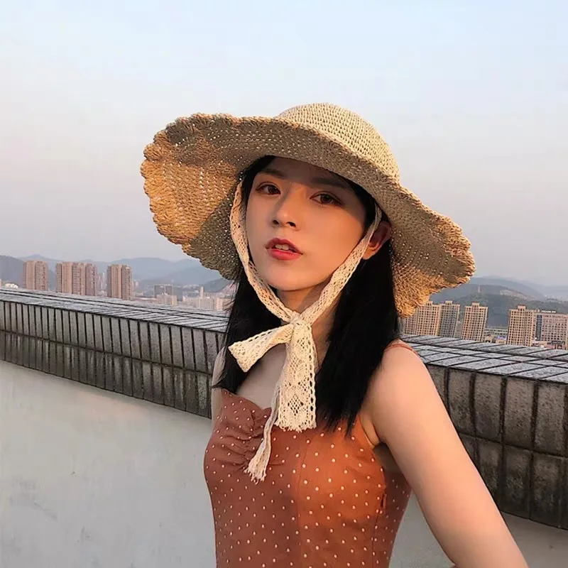 

Женская Соломенная пляжная шляпа с бантом, летняя шляпа с бантом и защитой от УФ-лучей, 2020