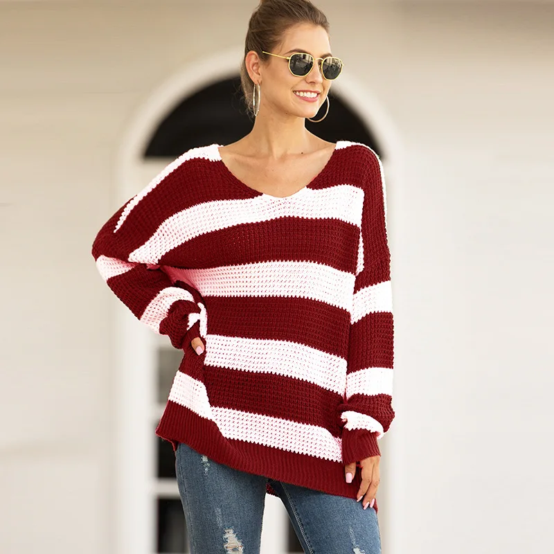 

New Popular Pullovers O-neck stripe color matching off shoulder sweater