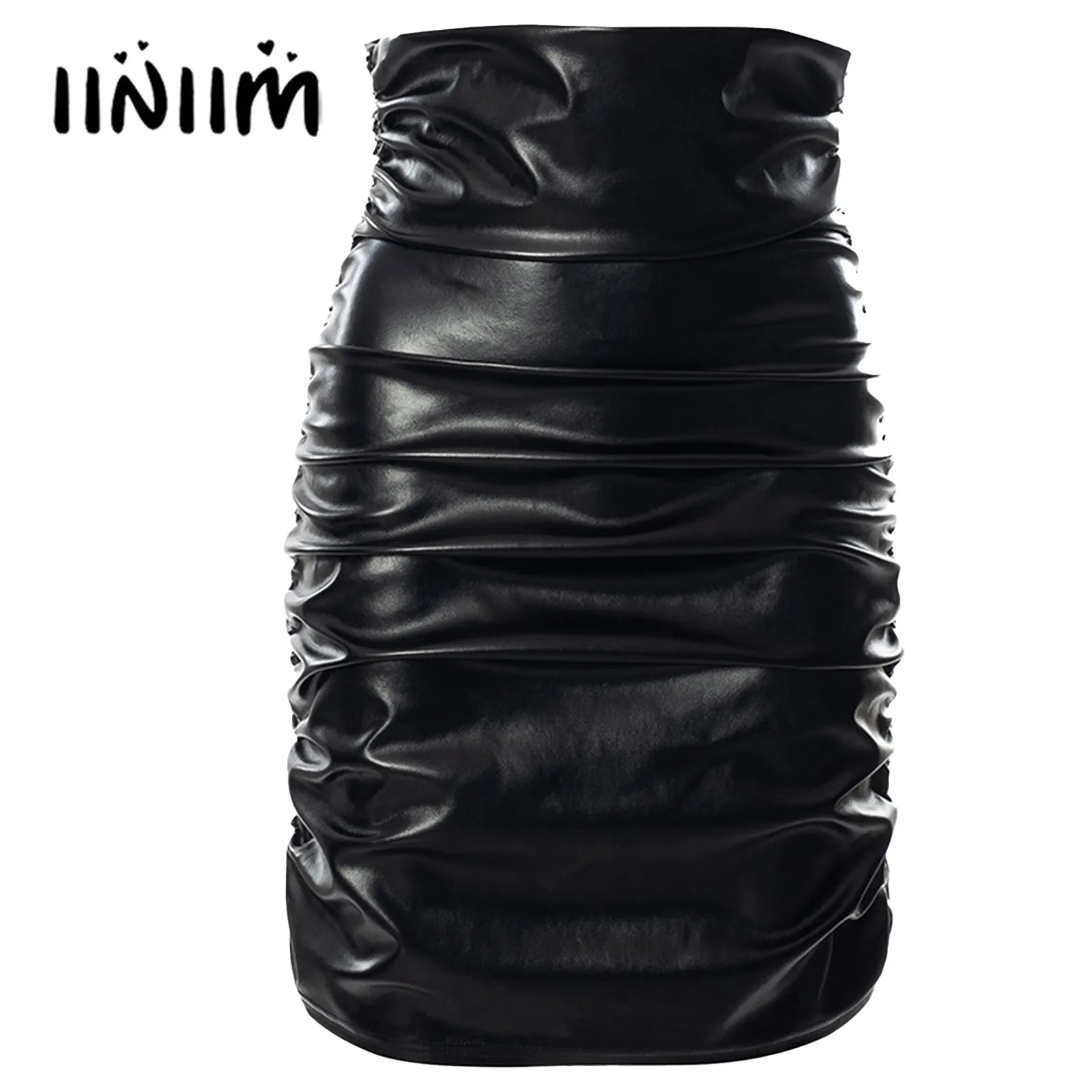 

Womens Fashion High Waist Ruched Pencil Skirt Rave Cocktail Party Skirts Solid Color Back Zipper PU Leather Skirts Clubwear
