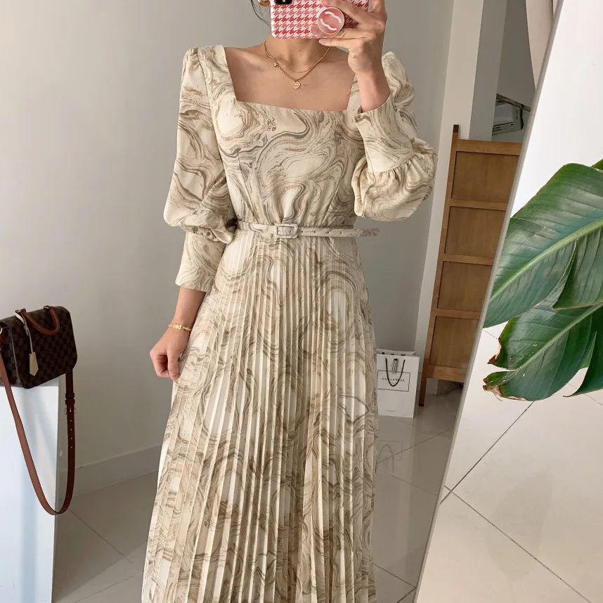 

Elegant Square Collar Women Pleated Dress Long Sleeve Slim Belted Sashes Female Printed Dress Vestidos 2021