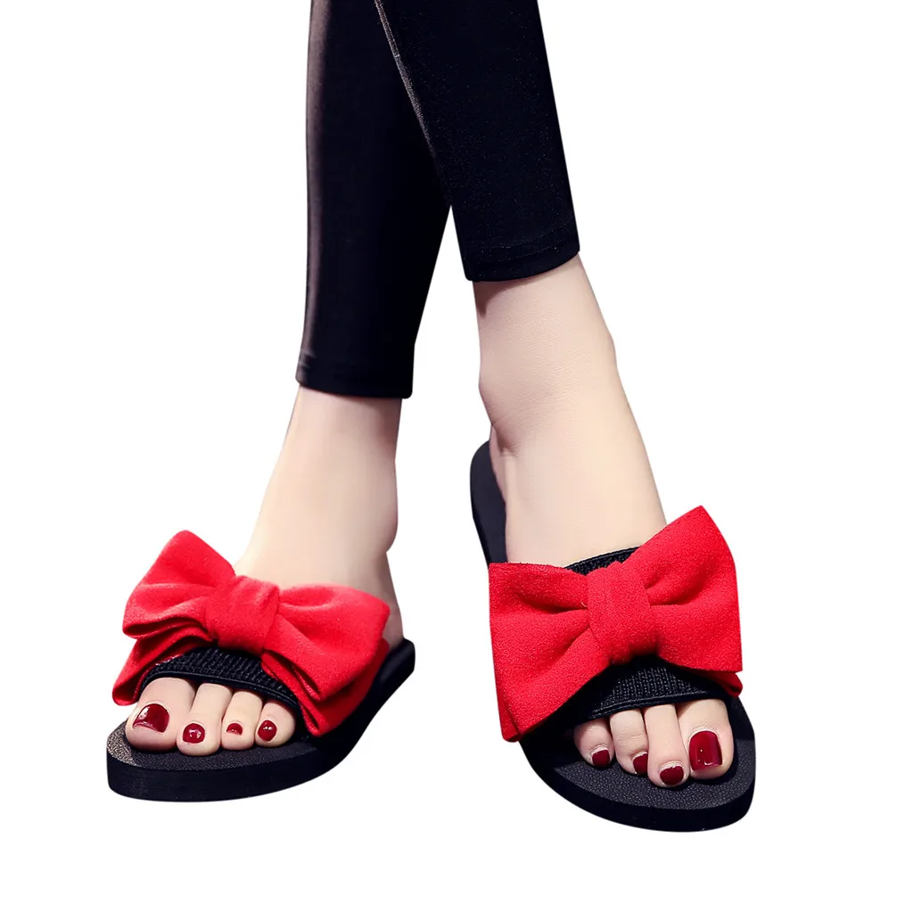 

2019 Summer Slippers Women Shoes Bohemian Bow Slides Flat Sandals Women Flat Slippers Casual Beach Shoes Red