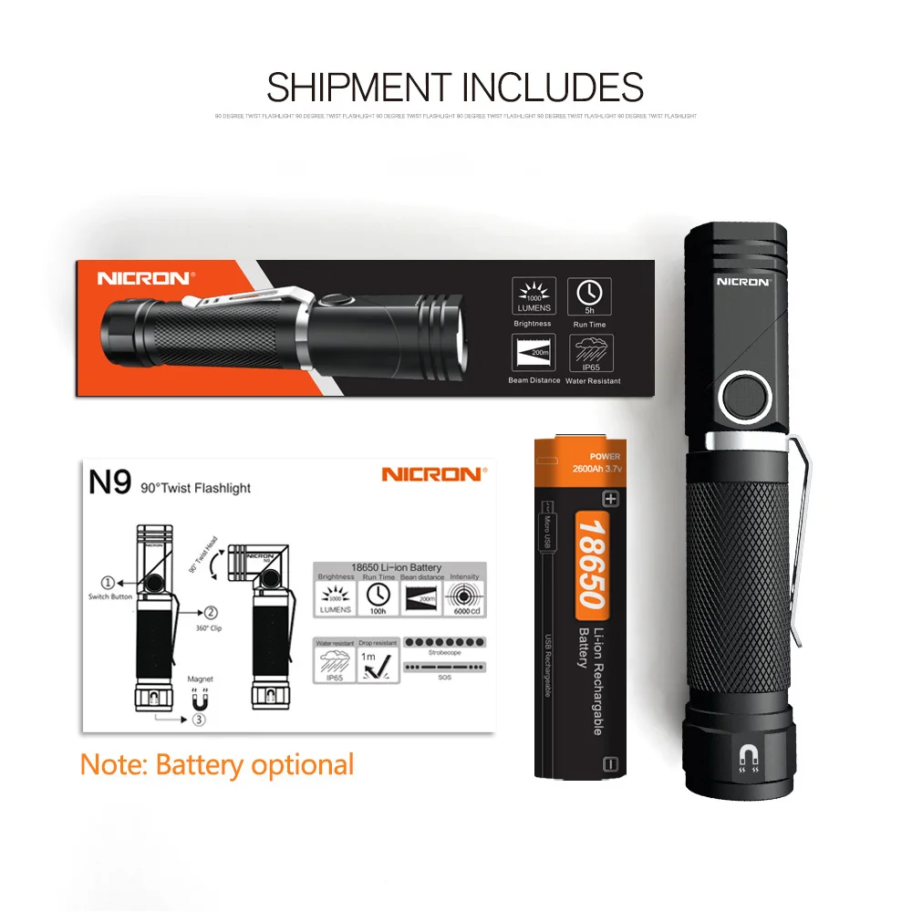 

N9 Led Flashlight Tactical 90 Degree Twist 1000lm High Lumens Waterproof Ip65 Magnet Mini Torch Light Outdoor