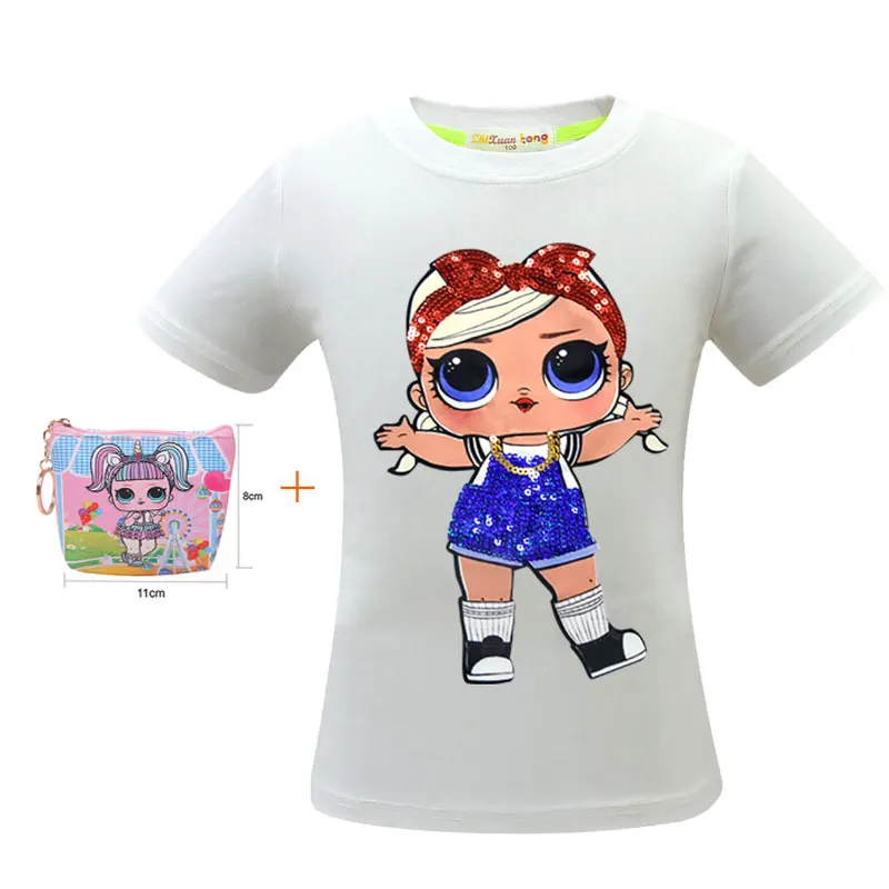 Новая футболка с короткими рукавами изображением куклы сюрприз и блестками для