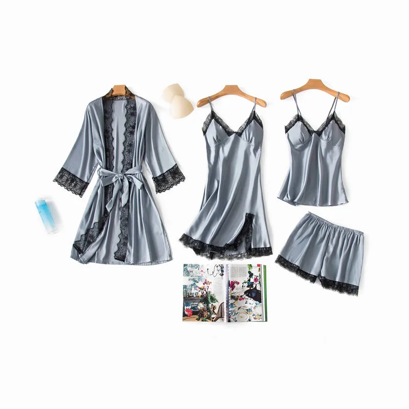 

Robe Ensembles Women Pijamas Feminino Set 4 Pieces Night Suits For Women Intimates Homewear Lace Lingerie Underwear & Sleepwears