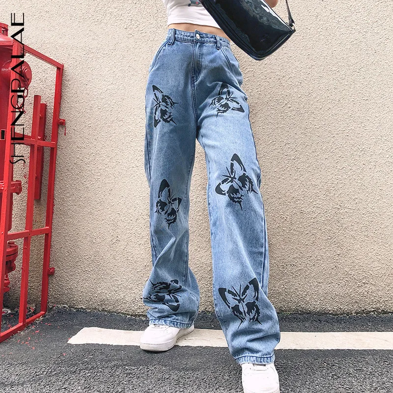 

SHENGPALAE 2021 Butterfly Design Denim Women Korean Fahion High Waist Wide Leg Pants Casual Loose Plus Size Streetwear ZA4110
