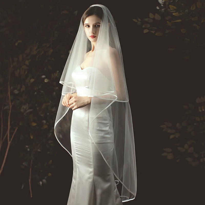 

White Pure Long Bridal Veils With Ribbon Edge Wedding Party Veils Chic Two Layers Wedding Accessoire Hot Sale