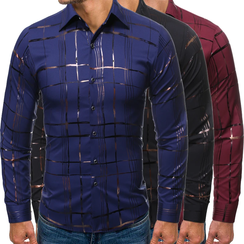 

New Fashion Men's Business Casual Shirts with Gold Bronzing Casual Lapel Men's Long Sleeve Four Seasons Print Shirts