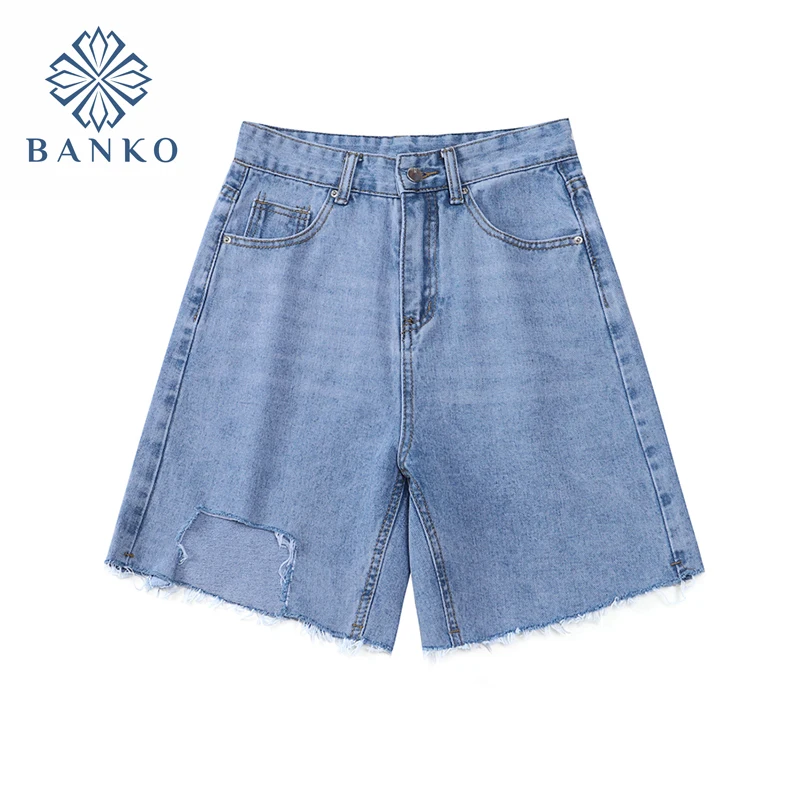 

Rough Edge Wied Leg High Waist Denim Shorts Women 2021 Summer New Streetwear Irregular Korean Style Blue A Line 5 Point Jeans