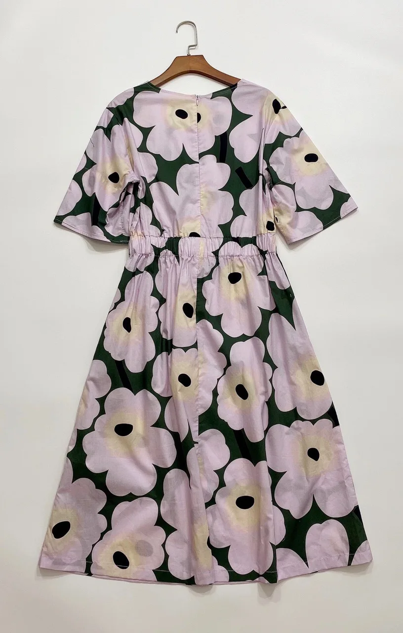 

Siloinen Pink Purple Cotton Dress Wide Elastic Waist Print Dress For Women
