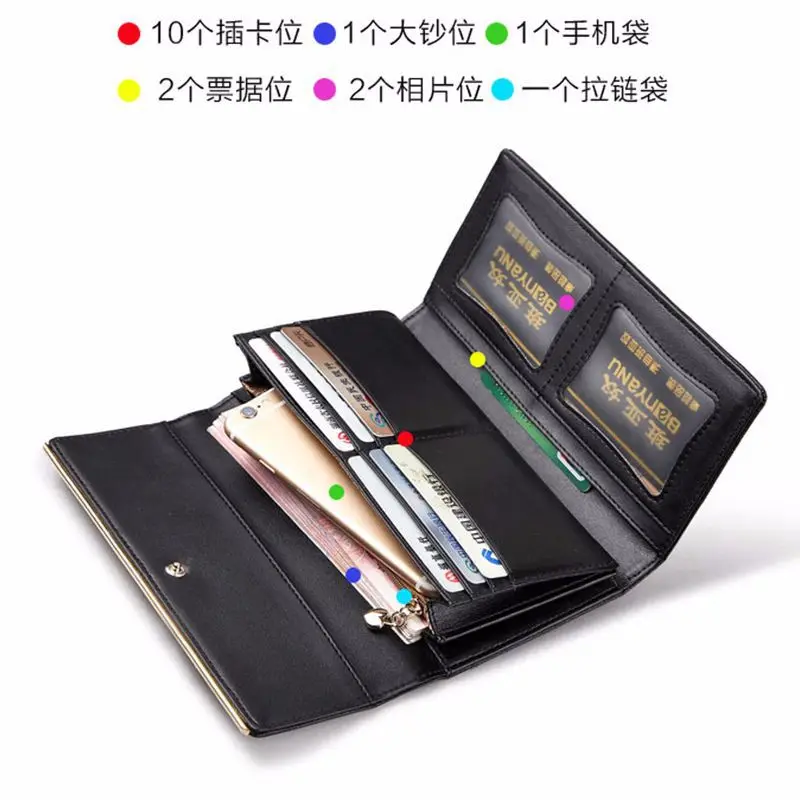 Genuine Leather Long Women Wallets Multi-functional Female Simple Tri-fold Metal Buckle Coin Purses Ladies Clutch Money Clip