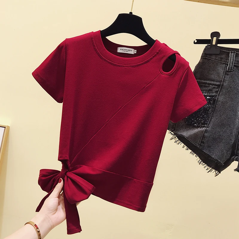 

Fashion casual personality top summer new shortsleeved women t shirt clothes basic slim solid color white O neck short T shirt