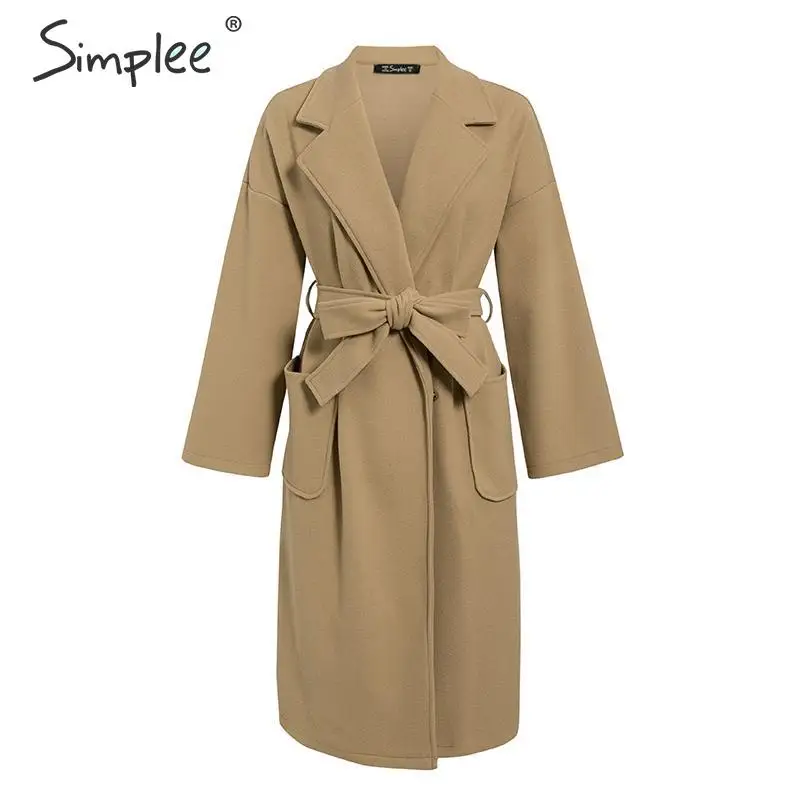 Simplee Elegant office ladies long blend coat Sashes pockets autumn winter female overcoats Long sleeve outwear tweed women | Женская