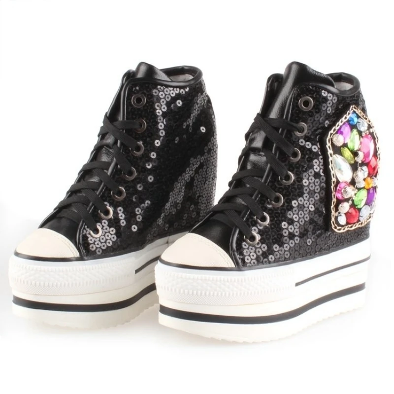 Женские туфли-лодочки с блестками на толстой платформе 12 см высоким верхом