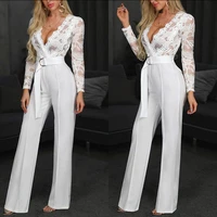 women jumpsuit lace stitching long sleeve v neck sexy wide leg long pants white office lady plus size jumpsuits for women