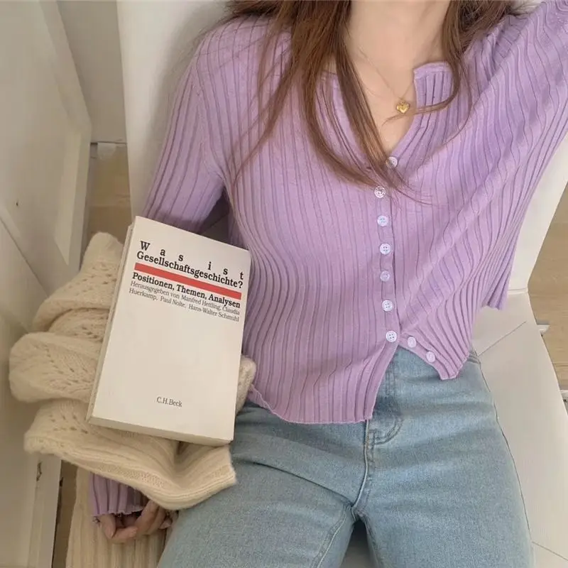 

New Fashion Girl Summer Knitted Jacket Slim Short Cardigan Women Clothing Summer Crop Tops Full Sleeve V-neck Blouse