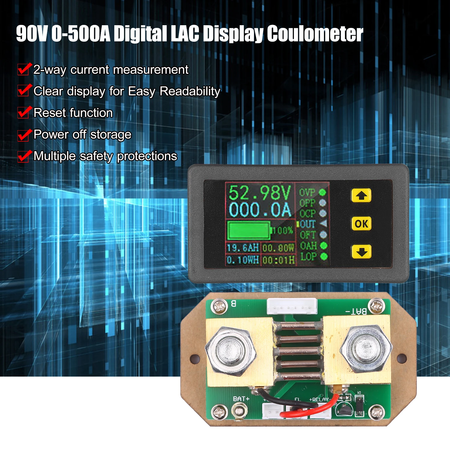 

Professional Digital Voltmeter Ammeter LCD Display Coulometer 90V 0-500A 2-way Watt Meter Voltage Current Energy Meter