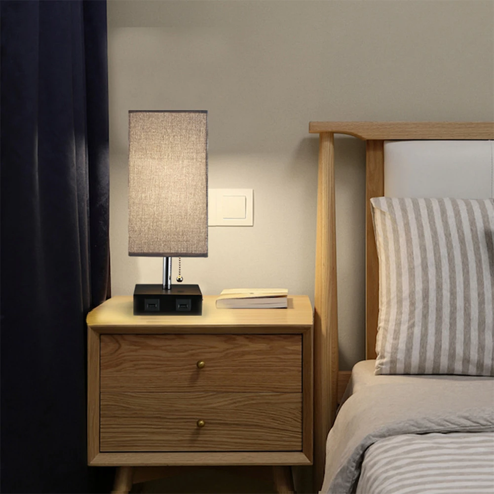 

Pull Rope Switch Table Lamp Office Square Fabric Shade Eye Protection With USB Charging Port Living Room Bedside Multifunctional