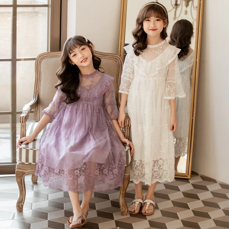 Princess Purple Lace Long Dress for Big Girl New 2020 Summer INS Girls Clothing 4 6 8 10 12 14 years white party dress o school | Детская