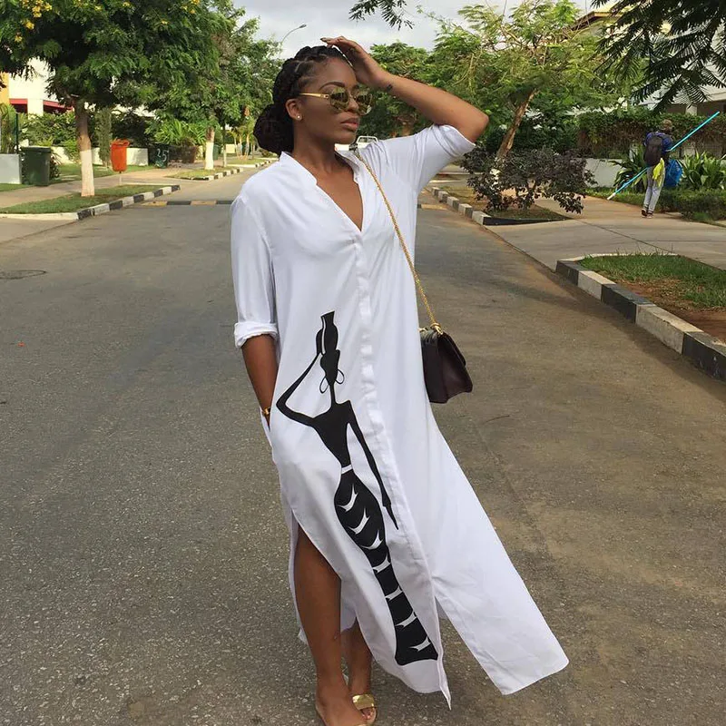 Женское платье-рубашка с длинным рукавом V-образным вырезом и карманами | Женская