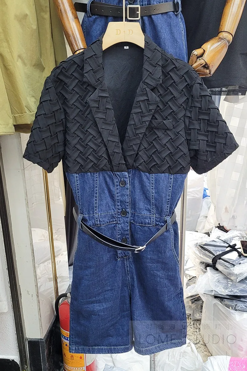 

Suit Denim Jumpsuit Women's Summer New Suit Stitching Jumpsuit Female Short Sleeve Bodysuits Adult Onesies for Women Wholesale