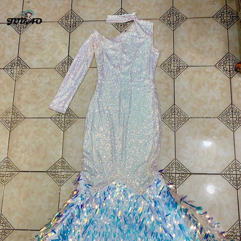 

New Autumn Fashion Sexy Women Dress femme robe bodycon One-Shoulder Celebrity White Sequined Night dance party Club vestidos