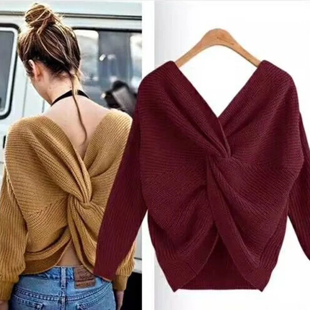 6 цветов V образным вырезом свитер с крученой спинкой Для женщин Джемперы Осенние