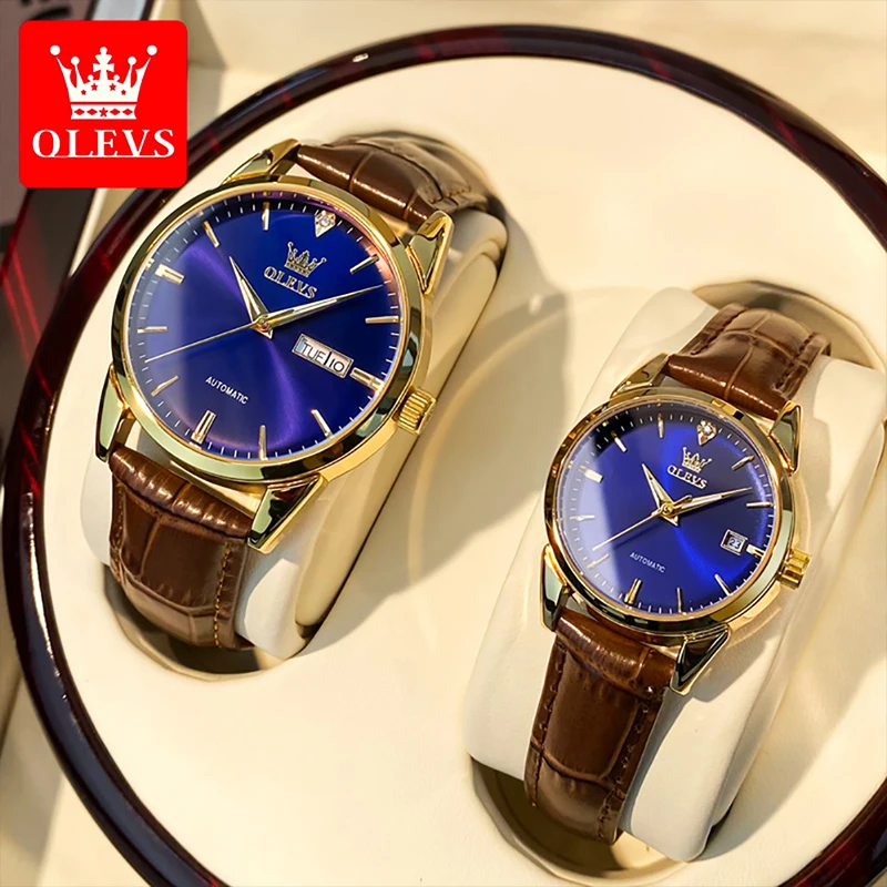 OLEVS New Fashion Couple Casual Waterproof Luminous Pointer Mechanical Watches High Quality Breathable Leather Strap Watch 6629